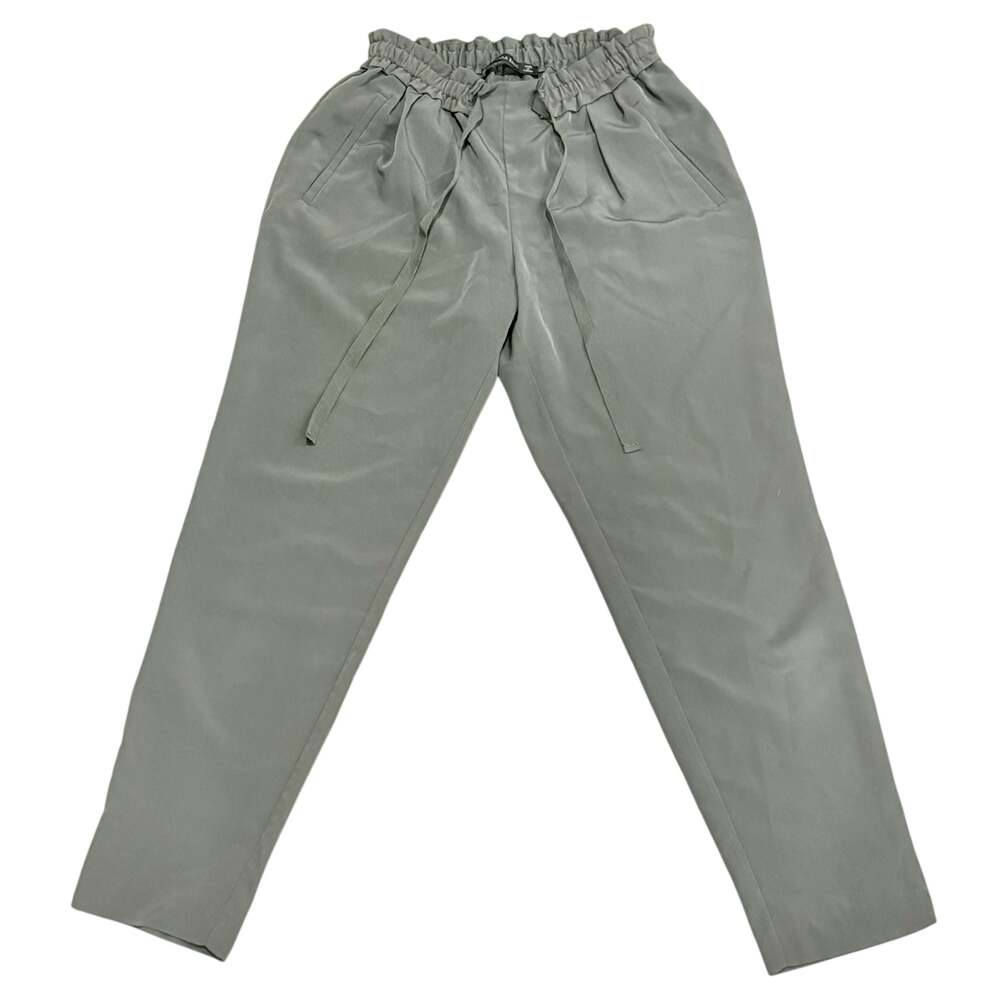 Zara Basic Khaki Green Low Rise Drawstring Paper Bag Waist Tapered AnkleTrousers